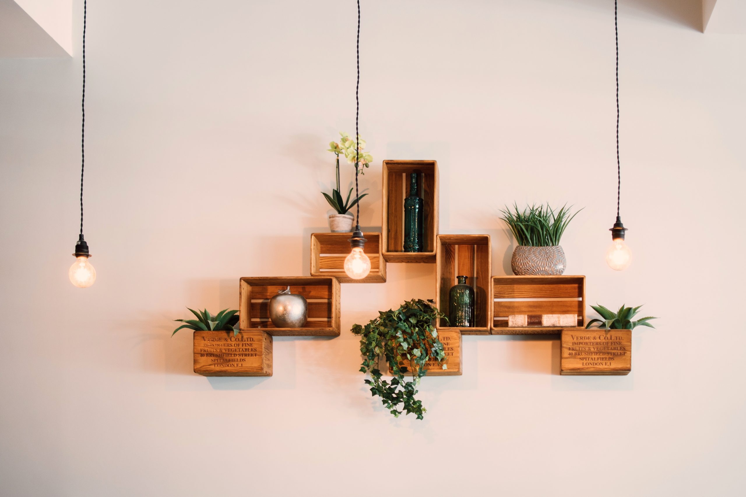 Stylish wood shelfs on a white wall